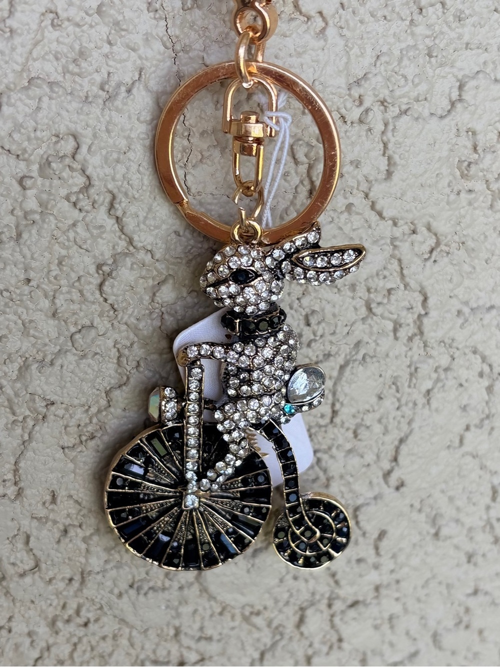 Adorable Crystal Bunny on a Vintage Bicycle Keychain